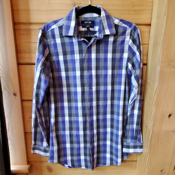 APT 9 Stretch Slim Fit Purple Checkered Button Up Shirt SZ 14.5 32/33 - Picture 1 of 7